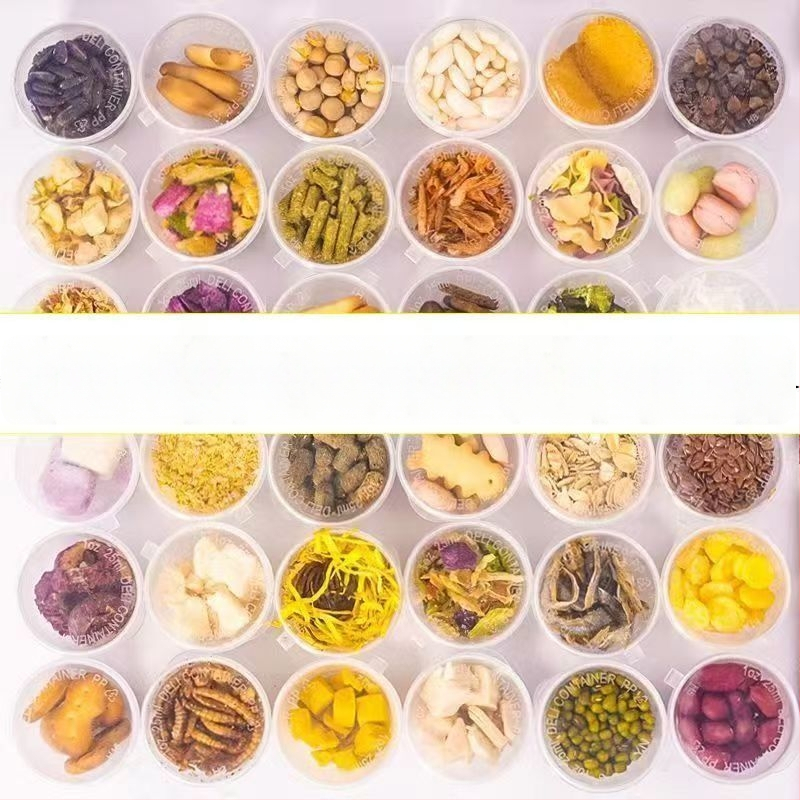 Hernetkarbi toiduk: dehüdrataeritud ja külmkuivatatud, kõrge kaltsiumi sisaldus, kuivatatud kala ja krevett, suhkruvabad kookoshelbed