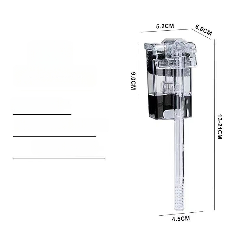Mini krioklio filtras akvariumui; tylus siurblys; PVC konstrukcija; svoris 0,15 kg; filtravimo medžiaga: filtras vata; USB/AC-DC sąsaja