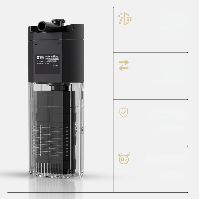 Trys viename akvariumo filtras su potopiamu siurbliu, plastmasinis korpusas, filtro medžiaga