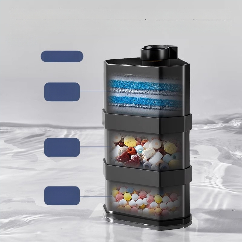 Trys viename akvariumo filtras su potopiamu siurbliu, plastmasinis korpusas, filtro medžiaga