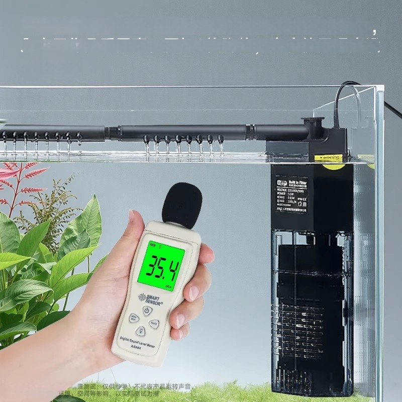 Trys viename akvariumo filtras su potopiamu siurbliu, plastmasinis korpusas, filtro medžiaga