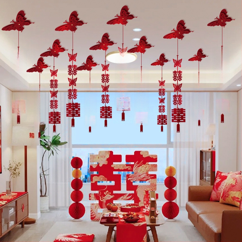 Popierinė girlianda su kaspinu, dvigubo laimės motyvas, lubų pakabinamas vestuvinei dekoracijai