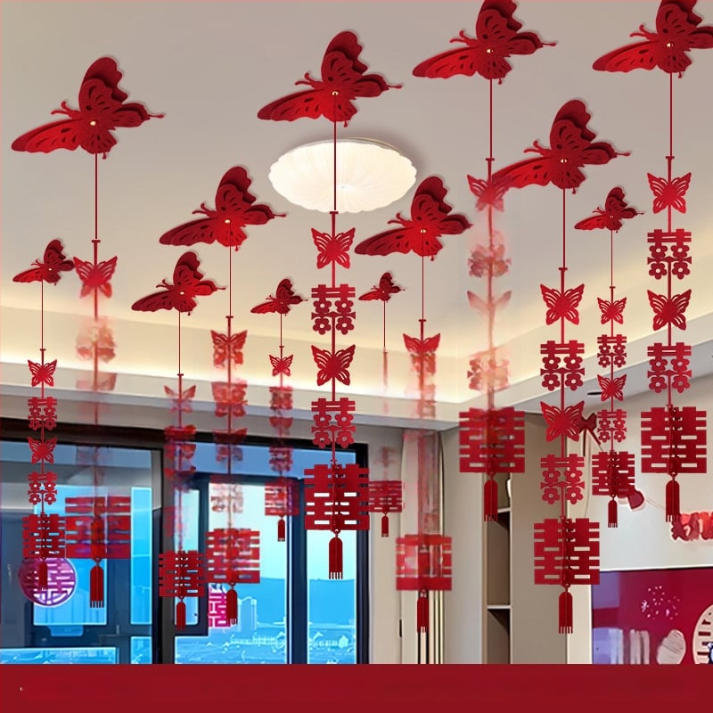 Popierinė girlianda su kaspinu, dvigubo laimės motyvas, lubų pakabinamas vestuvinei dekoracijai