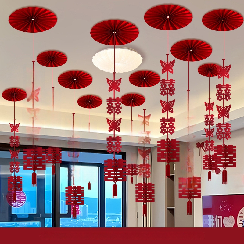 Popierinė girlianda su kaspinu, dvigubo laimės motyvas, lubų pakabinamas vestuvinei dekoracijai