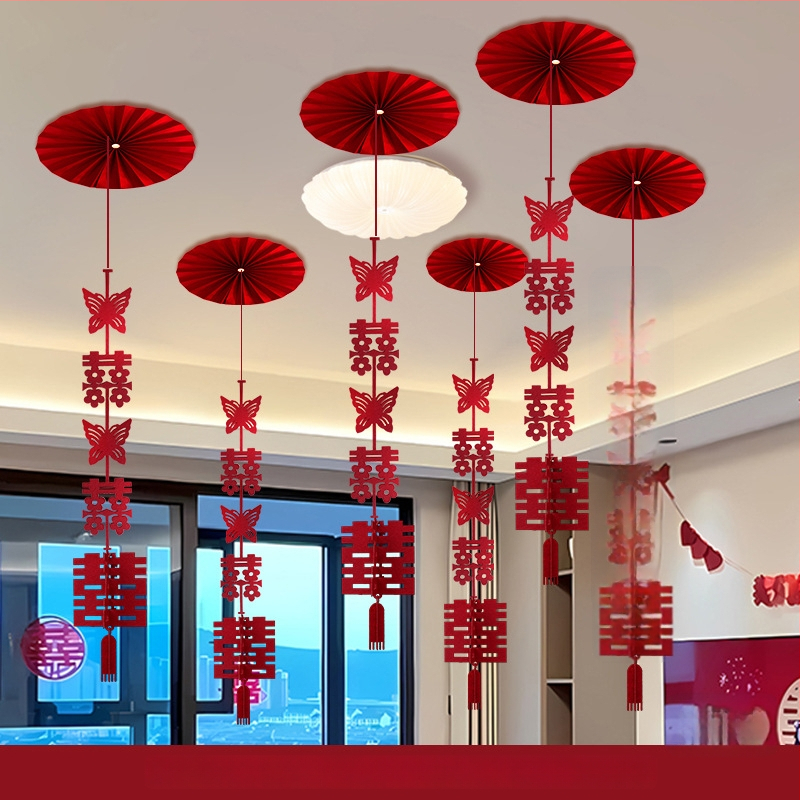 Popierinė girlianda su kaspinu, dvigubo laimės motyvas, lubų pakabinamas vestuvinei dekoracijai