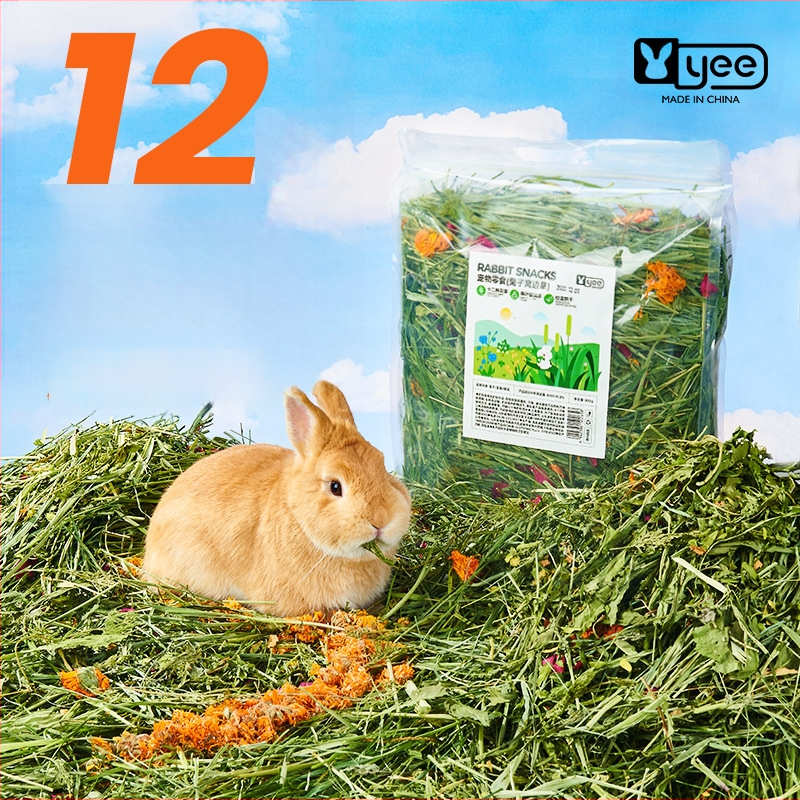 Yee triušių šienas — 12 rūšių: timotijų žolė, liucerna, avižos, mėtos, cikorijos žolė; džiovintas pašaras naminiams gyvūnams, 500 g, 1 pakuotė