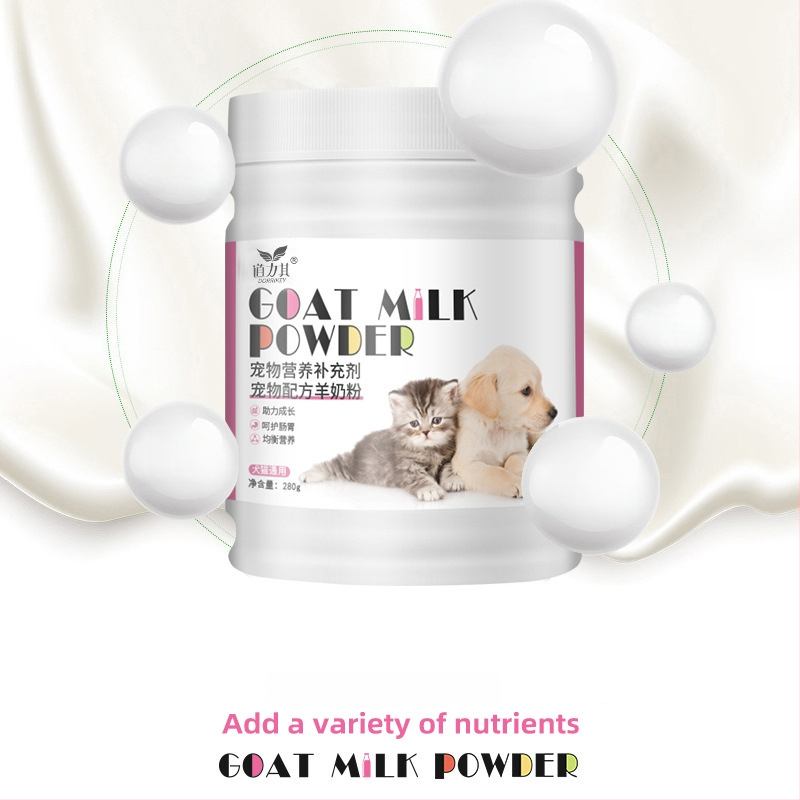 Daoliqi ožkos pieno milteliai naminiams gyvūnėliams, 280 g — maisto papildas šunims ir katėms, bendro naudojimo, pakuotė 40 vnt