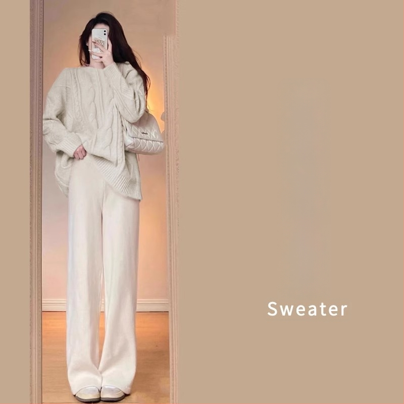 Nėščiųjų dviejų dalių komplektas: laisvas viršus su ilgomis rankovėmis ir plačios kelnės, flisinis pamušalas; audinys poliesterio 70–80% ir medvilnės 20–30% — rudens-žiemos 2025, japonų-korejiečių laisvas stilius