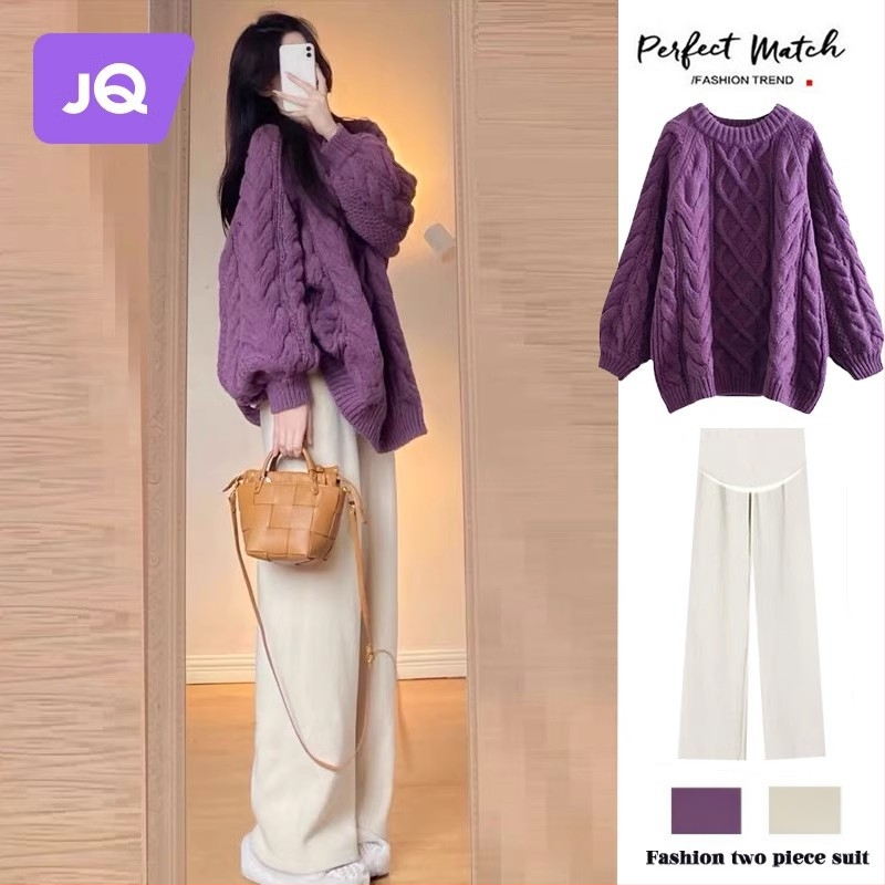 Nėščiųjų dviejų dalių komplektas: laisvas viršus su ilgomis rankovėmis ir plačios kelnės, flisinis pamušalas; audinys poliesterio 70–80% ir medvilnės 20–30% — rudens-žiemos 2025, japonų-korejiečių laisvas stilius