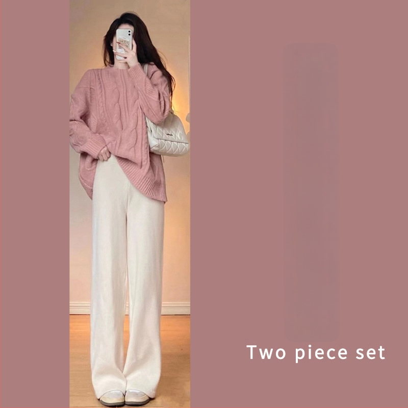 Nėščiųjų dviejų dalių komplektas: laisvas viršus su ilgomis rankovėmis ir plačios kelnės, flisinis pamušalas; audinys poliesterio 70–80% ir medvilnės 20–30% — rudens-žiemos 2025, japonų-korejiečių laisvas stilius