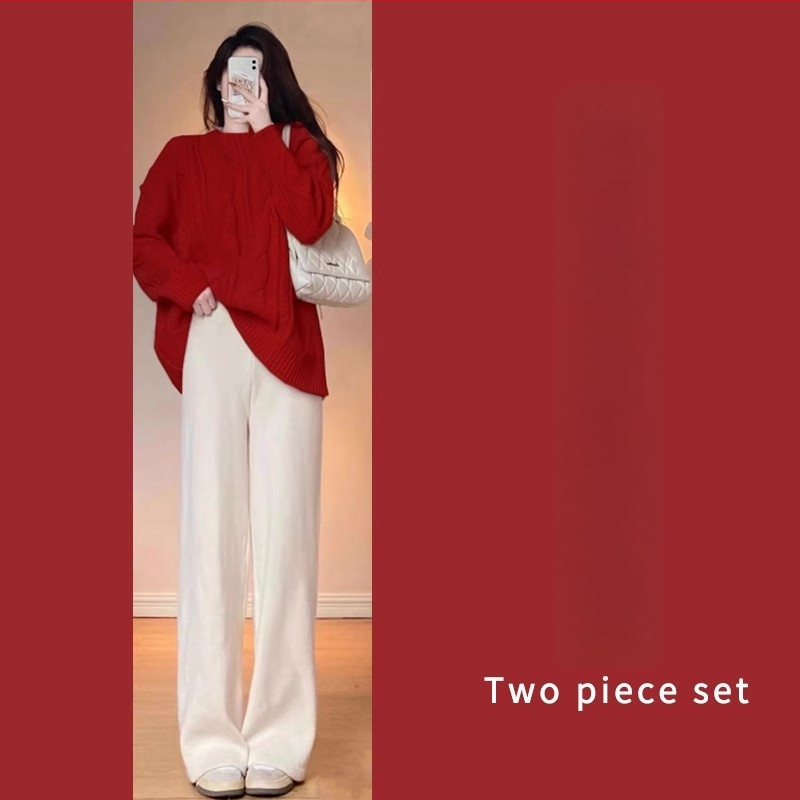 Nėščiųjų dviejų dalių komplektas: laisvas viršus su ilgomis rankovėmis ir plačios kelnės, flisinis pamušalas; audinys poliesterio 70–80% ir medvilnės 20–30% — rudens-žiemos 2025, japonų-korejiečių laisvas stilius