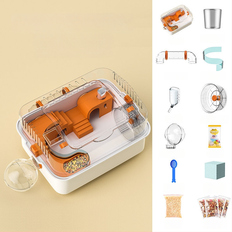 Hamsteri puur ja mänguasjade komplekt — plastikust, ristkülikukujuline kuju, ventileeritud ja kergesti puhastatav, sobib siseriiklikuks ja väliseks kasutamiseks