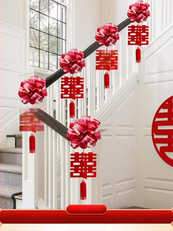 Vestuvinių laiptų turėklų dekoracijų rinkinys iš neaudinio audinio su kaspinu ir gėlėmis; vestuvėms; vidaus dekoravimui; prekės ženklas Orange Nuoyi Bai