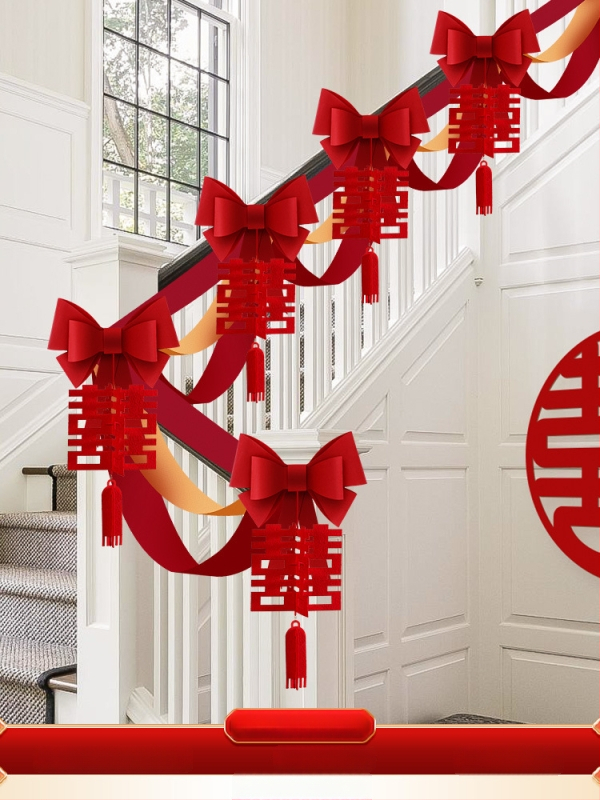 Vestuvinių laiptų turėklų dekoracijų rinkinys iš neaudinio audinio su kaspinu ir gėlėmis; vestuvėms; vidaus dekoravimui; prekės ženklas Orange Nuoyi Bai