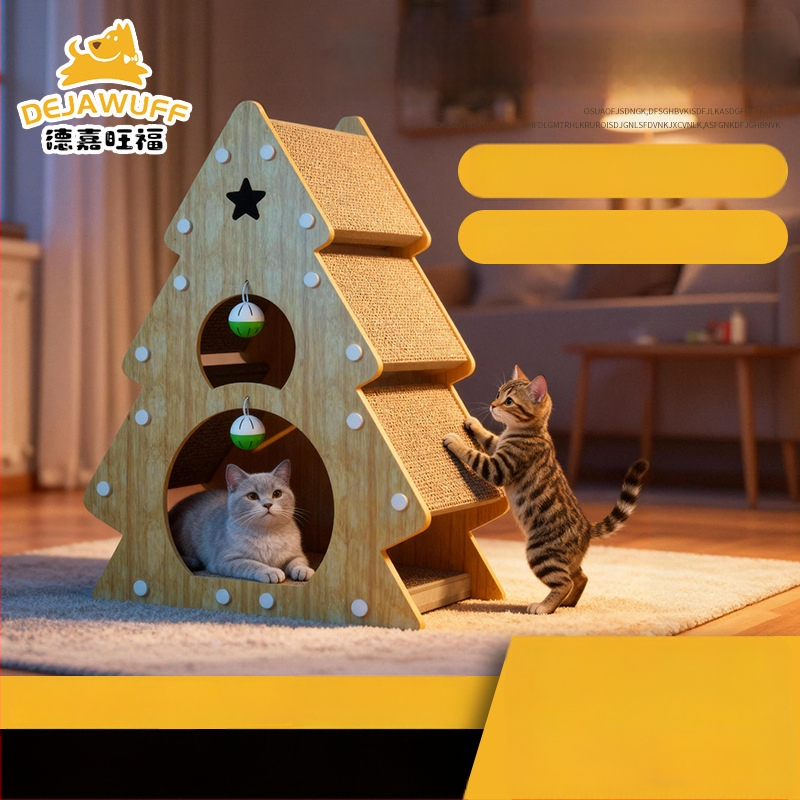 Ziemassvētku kaķu skrāpēšanas koks, kaķu rotaļlieta no viļņota kartona, nodilumizturīga, nes atstāj drupu, piemērots visām sezonām