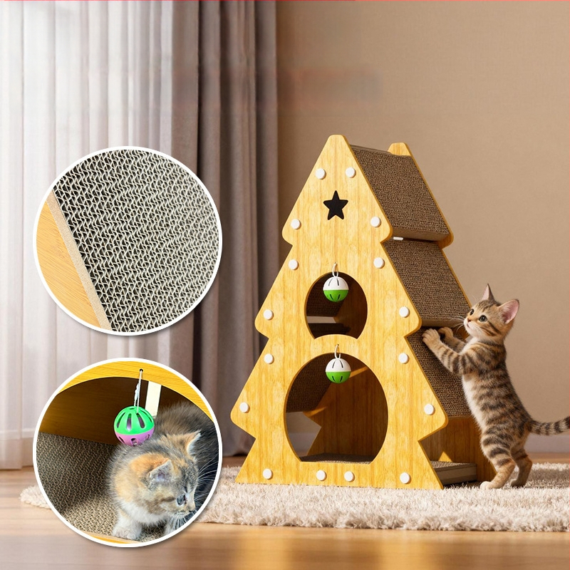Ziemassvētku kaķu skrāpēšanas koks, kaķu rotaļlieta no viļņota kartona, nodilumizturīga, nes atstāj drupu, piemērots visām sezonām