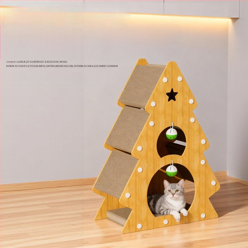 Ziemassvētku kaķu skrāpēšanas koks, kaķu rotaļlieta no viļņota kartona, nodilumizturīga, nes atstāj drupu, piemērots visām sezonām