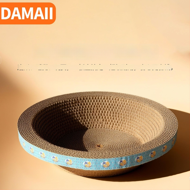 DAMAII viļņota kartona kaķu skrāpēšanas trauka – apaļa skrāpēšanas trauka, izturīga pret nolietošanās, bez pūkām, kaķu rotaļlieta karikatūras stilā