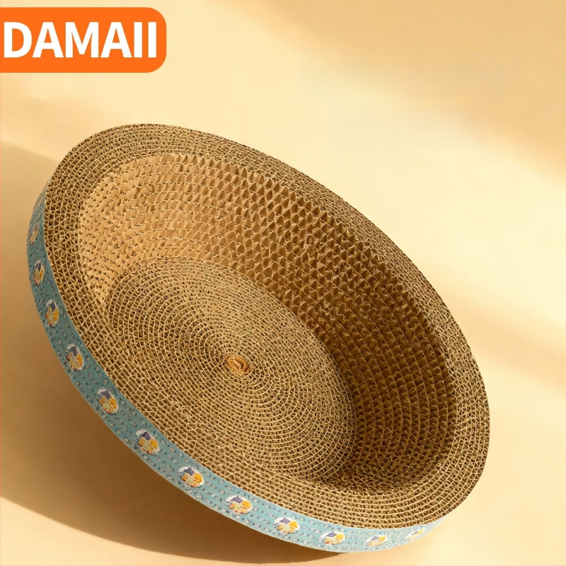 DAMAII viļņota kartona kaķu skrāpēšanas trauka – apaļa skrāpēšanas trauka, izturīga pret nolietošanās, bez pūkām, kaķu rotaļlieta karikatūras stilā