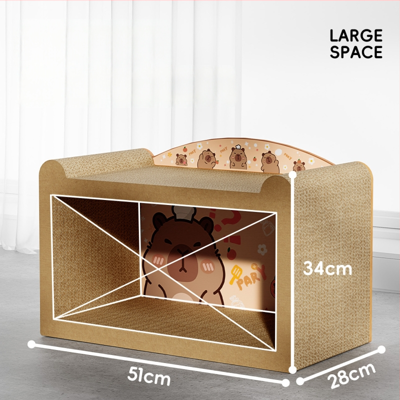 Kaķu ligzda ar skrāpēšanas dēli no viļņota kartona, karikatūras stilā, 1 gab