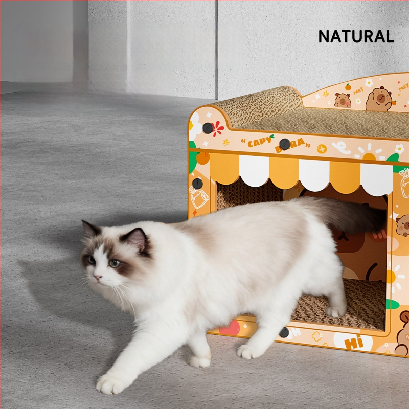 Kaķu ligzda ar skrāpēšanas dēli no viļņota kartona, karikatūras stilā, 1 gab