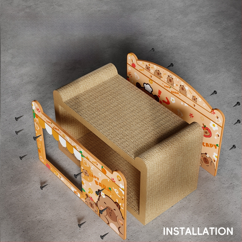 Kaķu ligzda ar skrāpēšanas dēli no viļņota kartona, karikatūras stilā, 1 gab