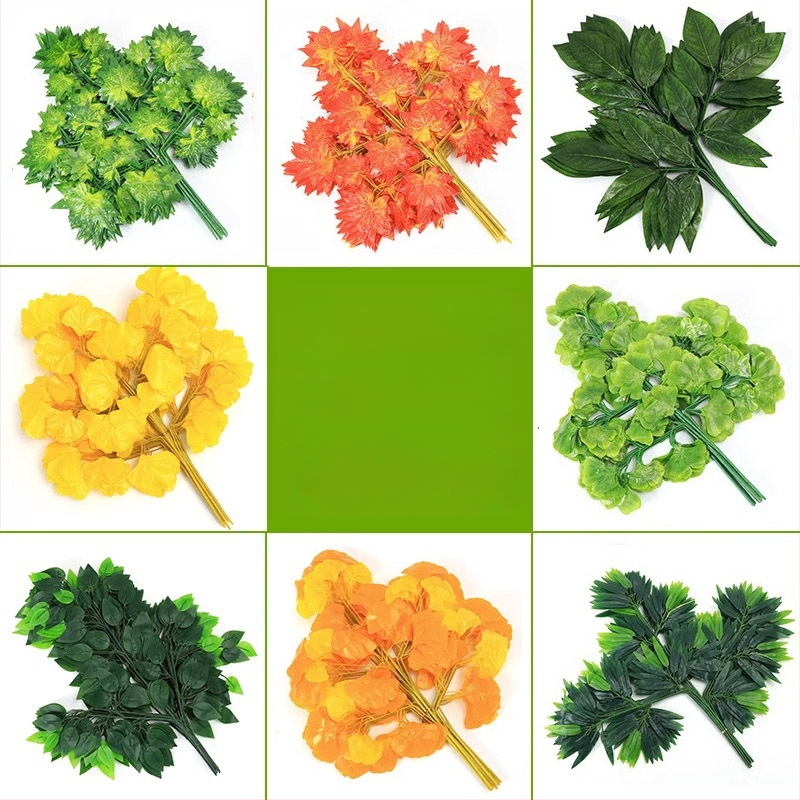 Mākslīgās lapas un zari no zīda ziediem, injekcijas formēšanas konstrukcija, dažādu lapu un zari komplekts, fotogrāfiju rekvizītiem un mājas dekorācijai