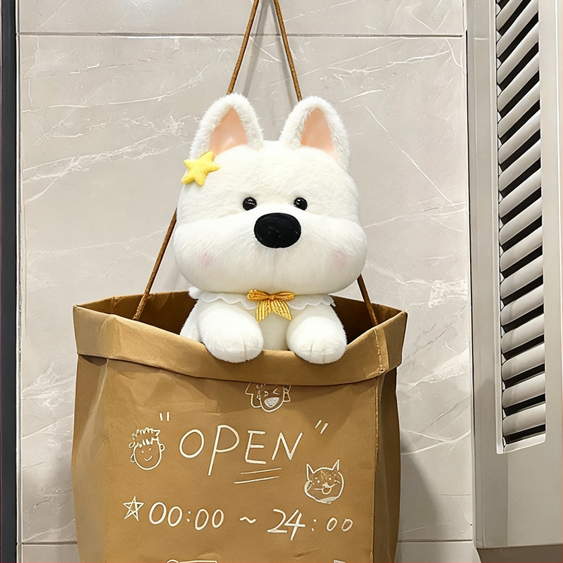 Pliušinė šunų lėlė, aukštos kokybės plišas, PP medvilnės įdėklas, tinklinė pakuotė, pritaikomi pavyzdžiai