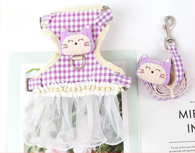 Katės pavadėlio ir apykaklės rinkinys, drobė, ištraukiamas, reguliuojamas