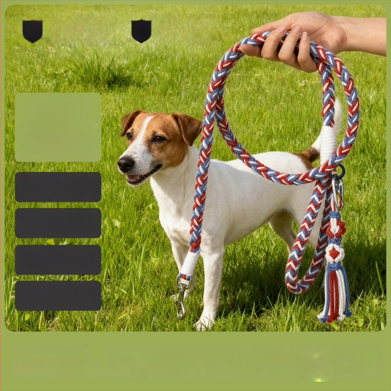 Šunų pavadėlis, rankų mezgimo, daugiafunkcinis, fiksuotas ilgis (medžiaga: core-spun cotton)