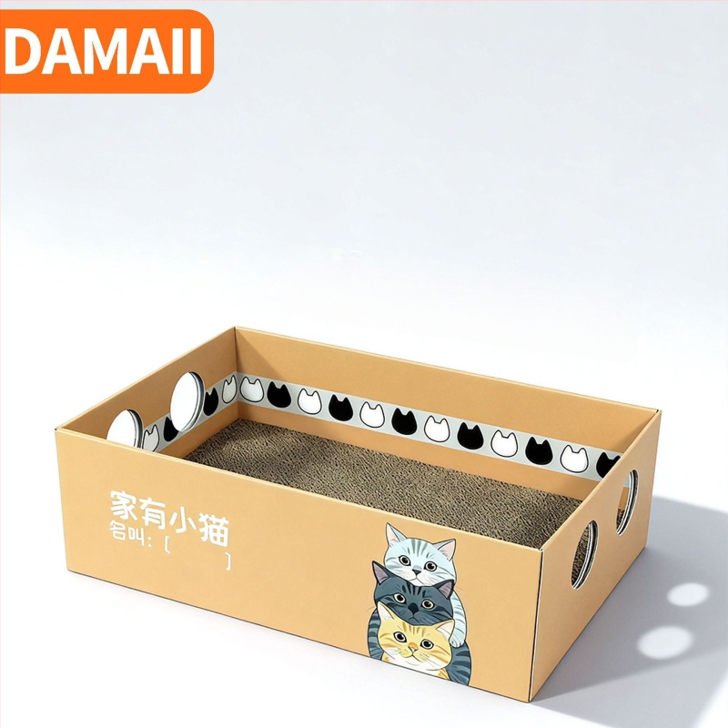 DAMAII Kaķu skrāpēšanas dēlis – karikatūras stils, viļņots kartons, nomaināmais loks, atvieglojums garlaicībai