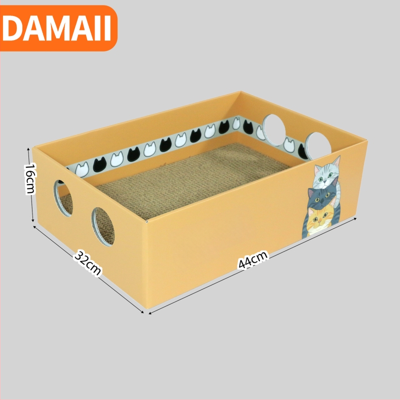 DAMAII Kaķu skrāpēšanas dēlis – karikatūras stils, viļņots kartons, nomaināmais loks, atvieglojums garlaicībai