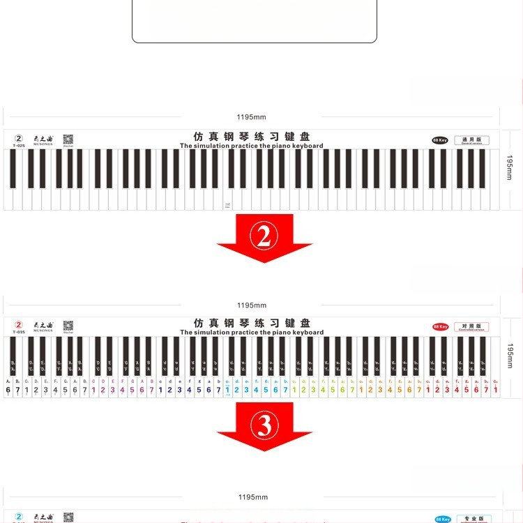 Fingering Sticker pianin ar 88 taustiņiem — 1:1 pirkstu simulācija, notācijas uz notu līnijām, PVC materiāls