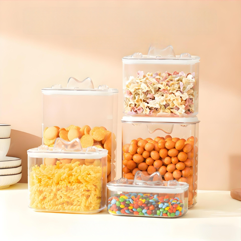 PET plastikinė maisto laikymo dėžė šunų ir kačių maistui – sandari, skaidri, namų naudojimui, talpa 1–2 l