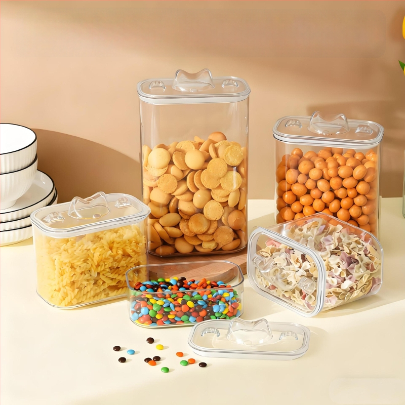 PET plastikinė maisto laikymo dėžė šunų ir kačių maistui – sandari, skaidri, namų naudojimui, talpa 1–2 l