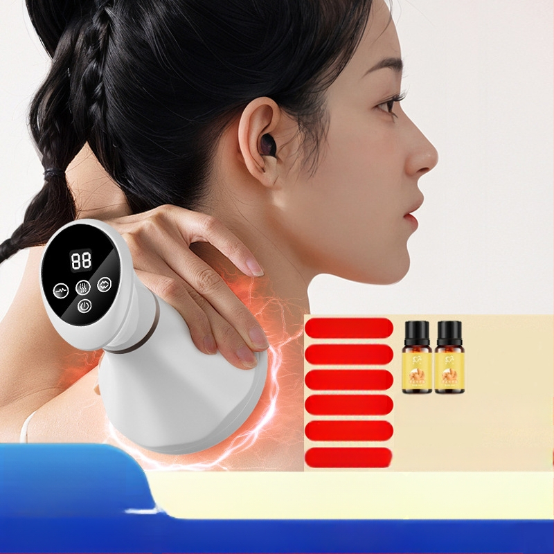 Meridiānu masāžas ierīce ar vibrāciju un apkuri, modelis pk6103; uzlādes baterija; piemērots kaklam, mugurai, viduklim, kājām un augšējai rokai; vadība ar pogu; svars 300 g; iekļautas instrukcijas un ēteriskās eļļas