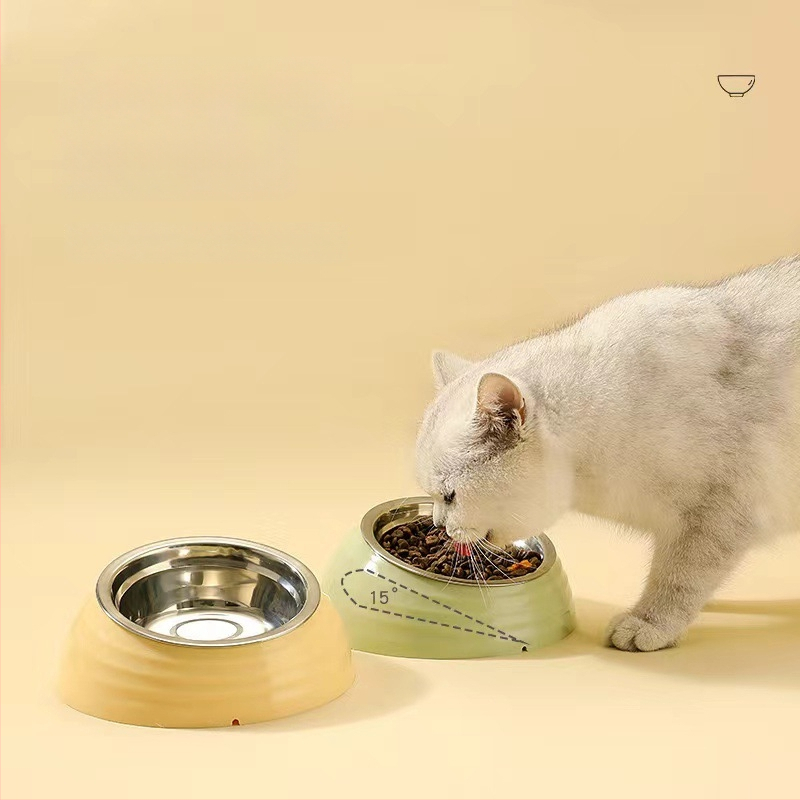 Kaķu barošanas bļoda no plastmasas un nerūsējošā tērauda, slīps mala kakla aizsardzībai, zīmols Qichong