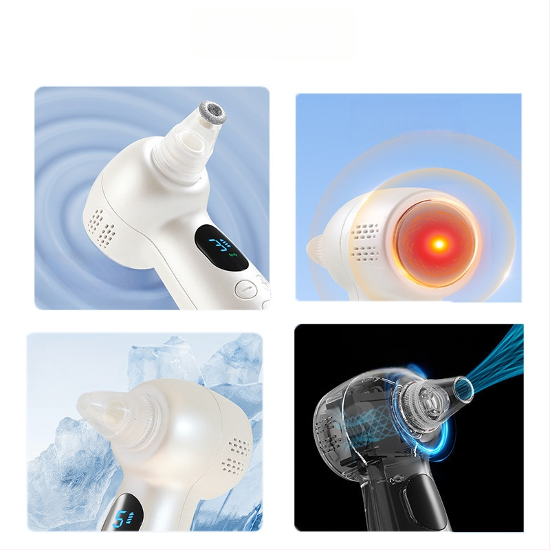 Elektrinis juodųjų spuogų siurbimo įrenginys su ultragarso vibracija, 3 siurbimo lygiai, masažas su karštu/šaltu kompresu, ABS korpusas