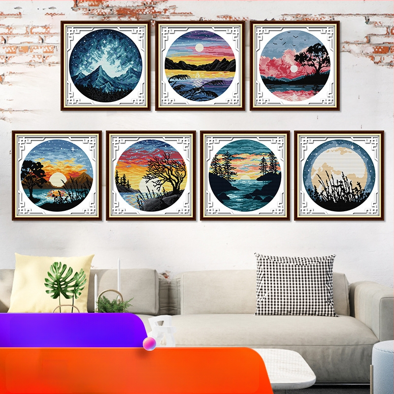 Kryžminio siuvimo rinkinys – peizažas su saulėlydžiu ir pilnu mėnuliu, 11 ct drobė, ekologiška medvilnė, tinkamas svetainei/miegamajam/vaikų kambariui