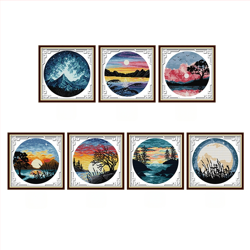 Kryžminio siuvimo rinkinys – peizažas su saulėlydžiu ir pilnu mėnuliu, 11 ct drobė, ekologiška medvilnė, tinkamas svetainei/miegamajam/vaikų kambariui