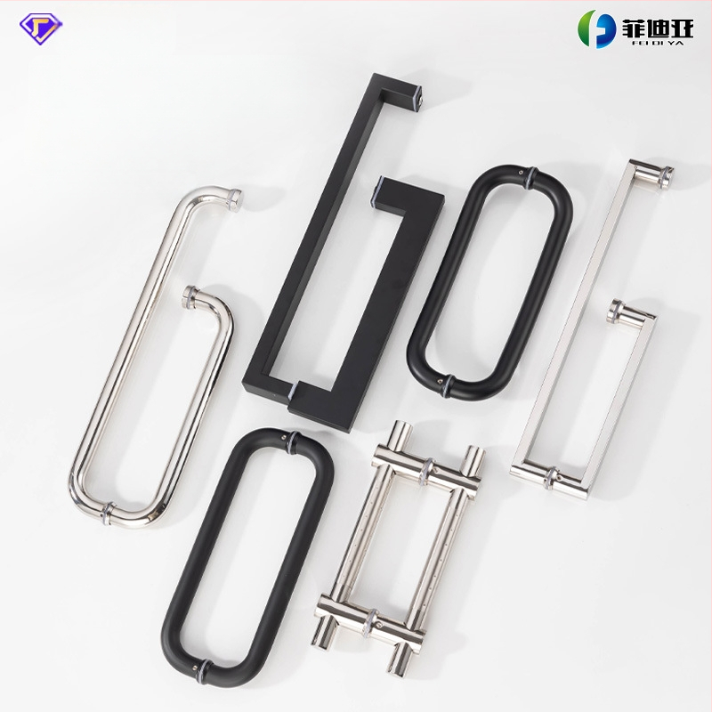 Nerūdijančio plieno vonios kambario rankena stiklo durims, įmontuojama, lankinės formos, poliruota apdaila, tinkama slankiosioms durims