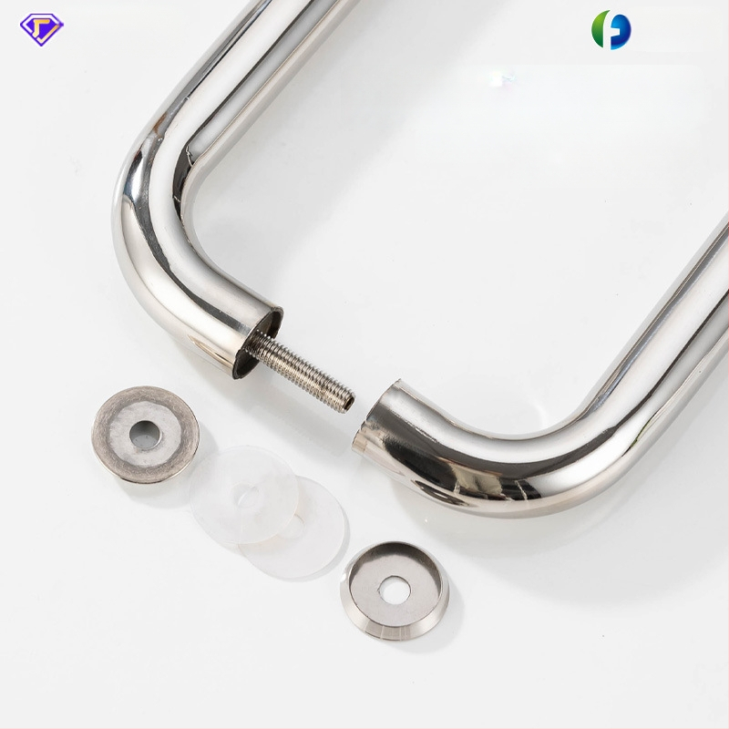 Nerūdijančio plieno vonios kambario rankena stiklo durims, įmontuojama, lankinės formos, poliruota apdaila, tinkama slankiosioms durims