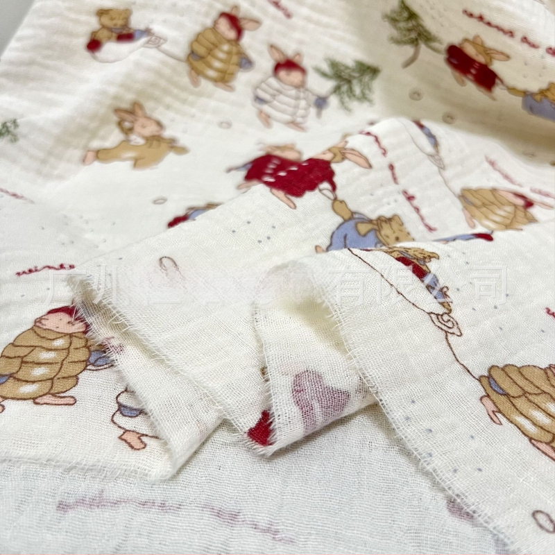 Vaiko dviejų sluoksnių medvilninė gazos audinys su gyvūnų atspaudais, 100% medvilnė, spausdinimas, tinkamas pižamoms, drabužiams ir patalynėms