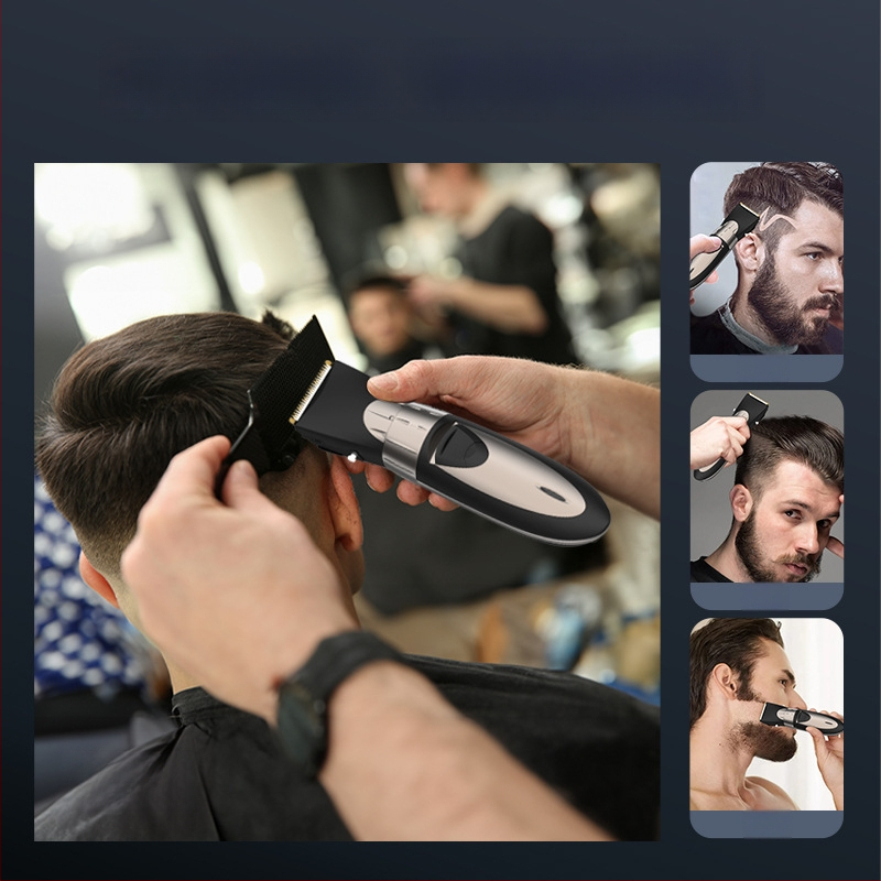 Elektrinis plaukų kirpimo aparatas su šepetėlių varikliu, nerūdijančio plieno peiliai, įmontuota 500–800 mAh baterija, veikimo laikas 1–3 valandos