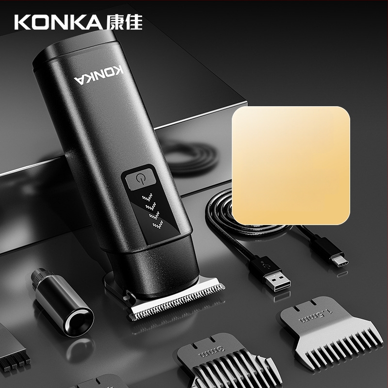 Konka kompakti nešiojamos plaukų kirpimo mašinėlė – įkraunama, be šepetėlių variklio, nerūdijančio plieno peiliai, nuimama ir plaunama galvutė, įmontuota baterija 300–500 mAh, veikimo laikas 1–3 valandos