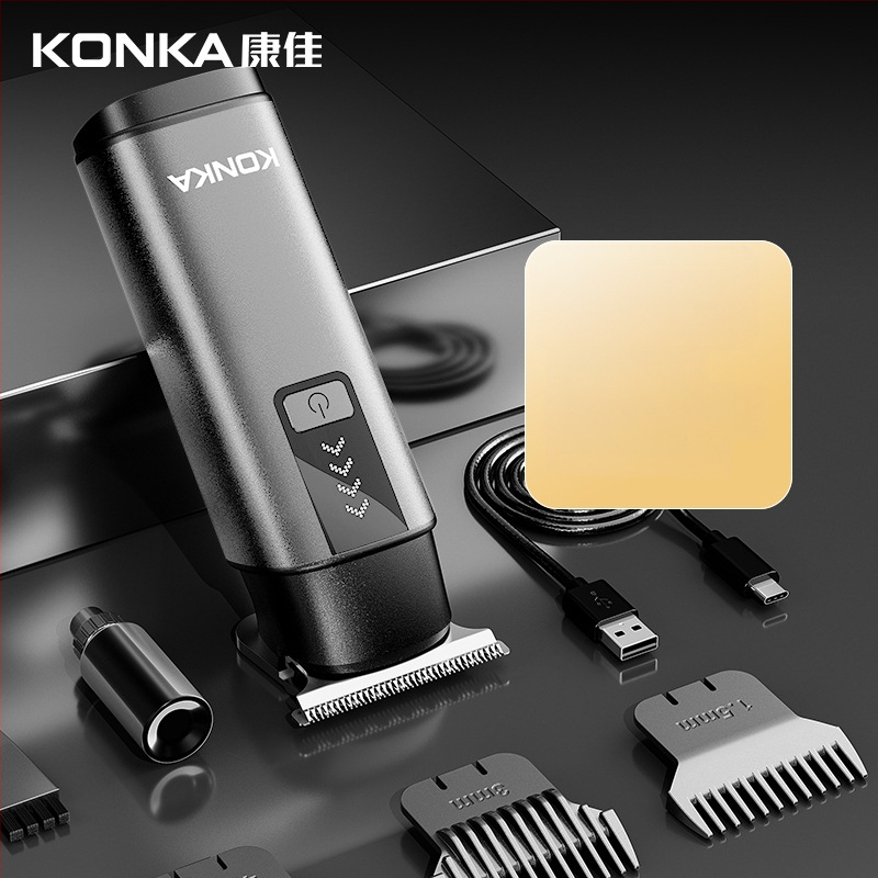 Konka kompakti nešiojamos plaukų kirpimo mašinėlė – įkraunama, be šepetėlių variklio, nerūdijančio plieno peiliai, nuimama ir plaunama galvutė, įmontuota baterija 300–500 mAh, veikimo laikas 1–3 valandos