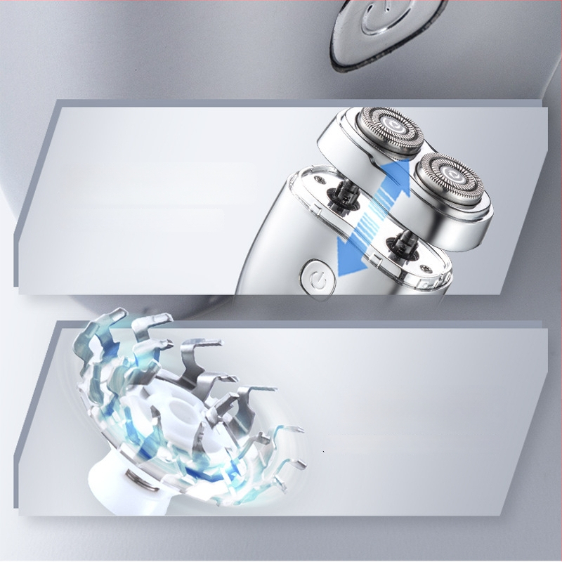 Elektrinis skustuvas su pasukama galvute, dvi peilių galvutės, plūduriuojanti galvutė, viso kūno plovimui, įmontuota 500–800 mAh baterija, 80 min veikimo