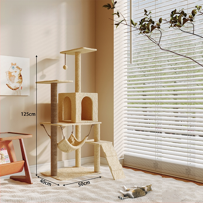 Ryuzaki koka kaķu koks ar integrētu viskas vienā dizainu, kāpšanas tornis un kaķu ligzdiņa, jauks stils
