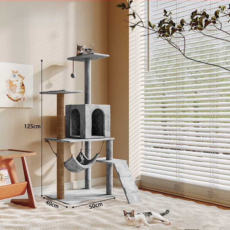 Ryuzaki koka kaķu koks ar integrētu viskas vienā dizainu, kāpšanas tornis un kaķu ligzdiņa, jauks stils