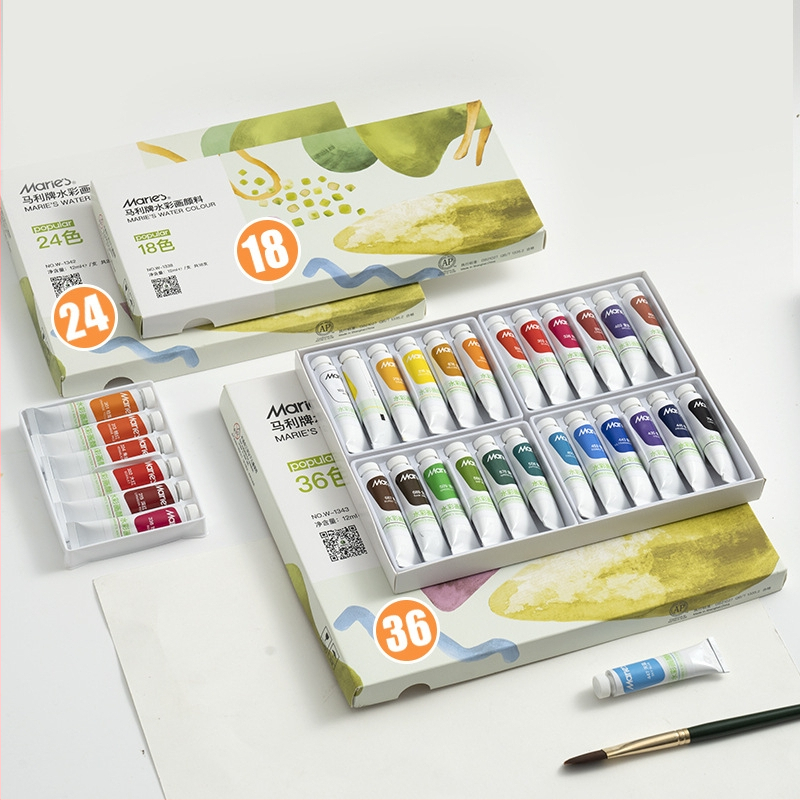 Marie’s akvarelinių dažų rinkinys – pigmentų pagrindu, 12 ml talpa, akvarelėms piešti